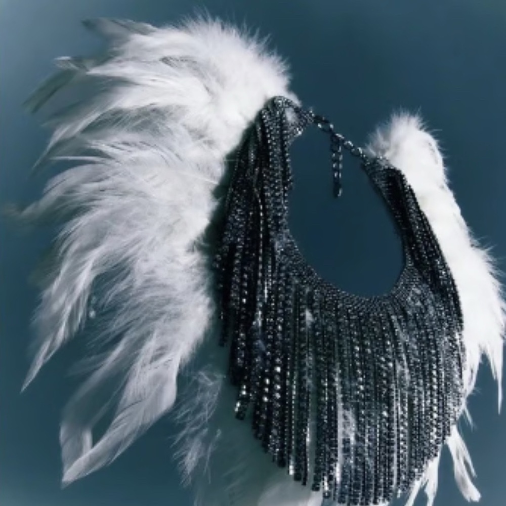 Zara Rhinestones and White Feather Choker Necklace